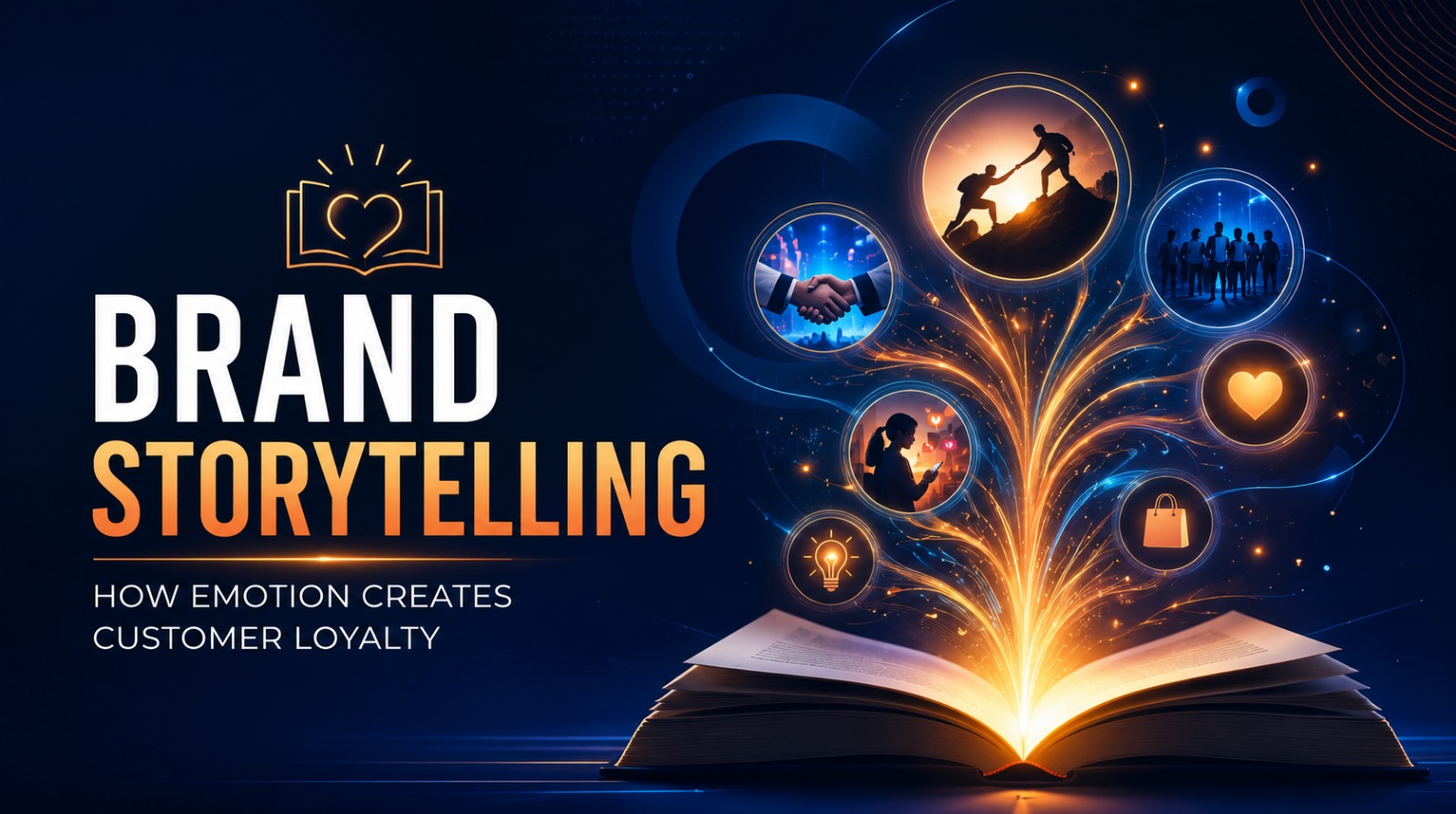 brand storytelling graphic featuring an open glowing book and connected imagery of trust, teamwork, and customer connection.