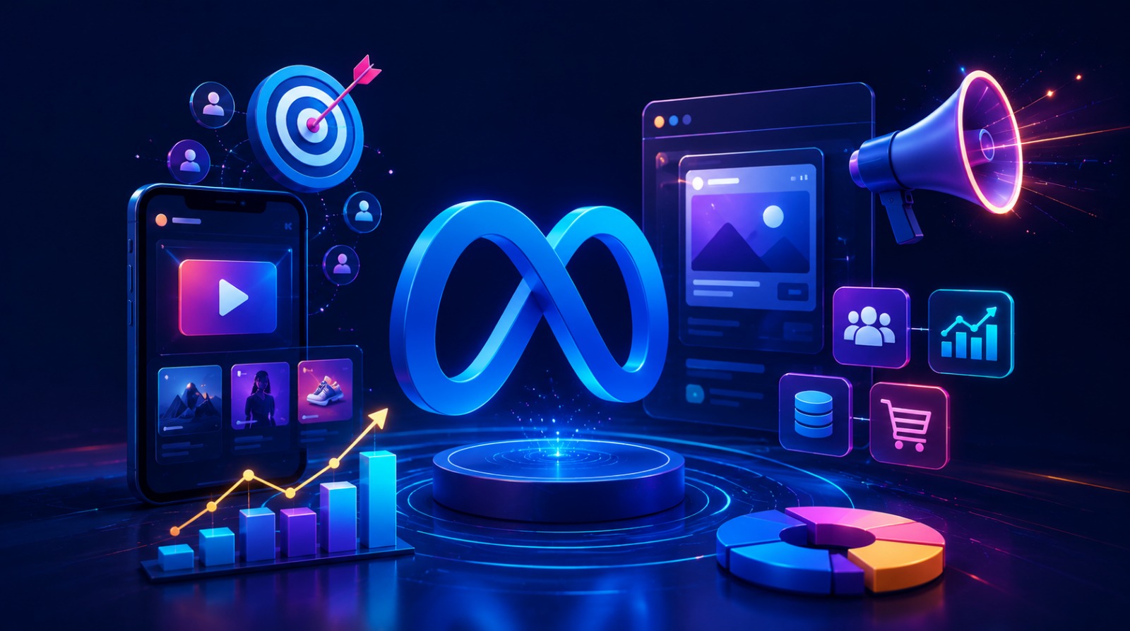 3D graphic representing Meta advertising trends with mobile video displays, growth charts, target icons, and marketing tools.