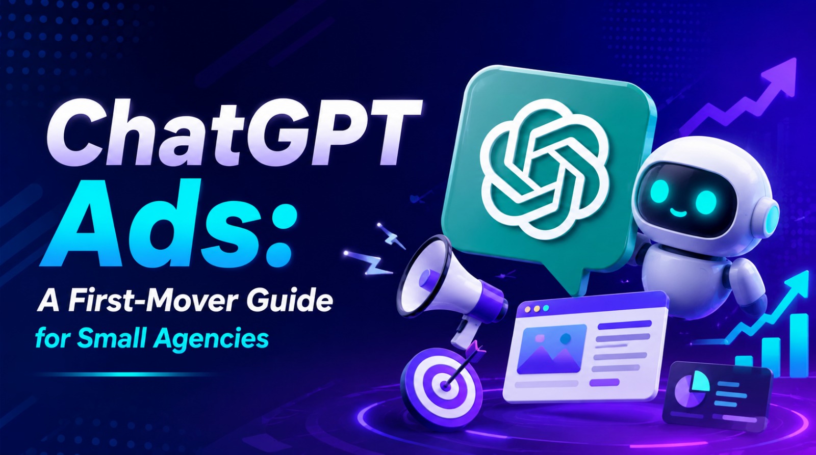graphic titled ChatGPT Ads: A First-Mover Guide for Small Agencies featuring an AI robot, OpenAI logo, and marketing icons.