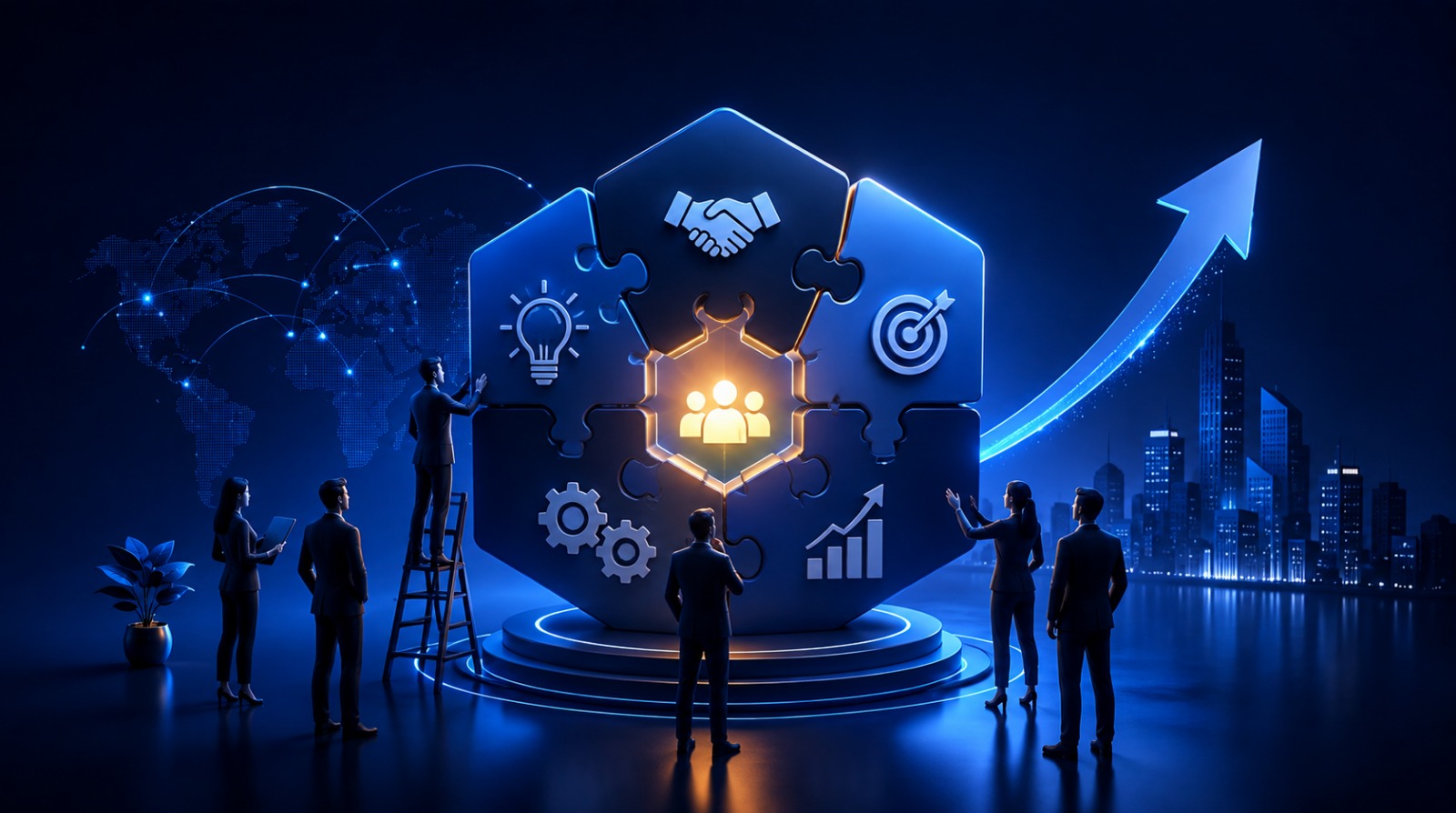 A group of business professionals interacting with a glowing puzzle hexagon featuring icons for teamwork, ideas, partnership, goals, gears, and growth.