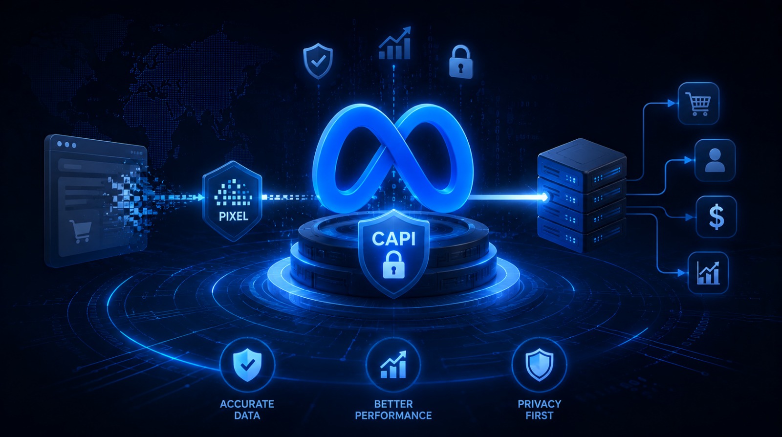 A 3D graphic illustrating the Meta Conversions API (CAPI) connecting website data and pixel tracking to secure servers for accurate data and improved ad performance.