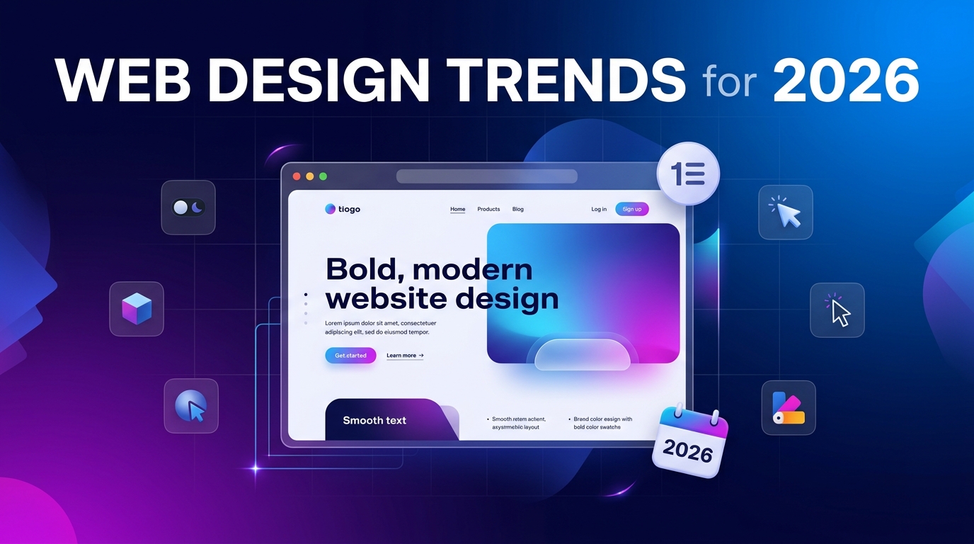 An graphic highlighting web design trends for 2026, showing a modern website interface surrounded by UI icons, color palettes, and a calendar tag.