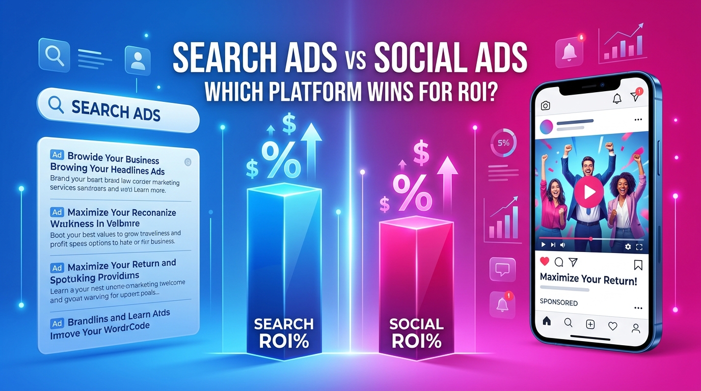 An graphic comparing search ads and social ads, featuring ROI bar charts alongside a search engine results interface and a smartphone displaying a social media ad.