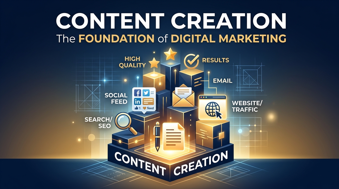 An graphic illustrating content creation as the foundation of digital marketing, featuring 3D blocks with icons for SEO, social feed, email, website traffic, high quality, and results.