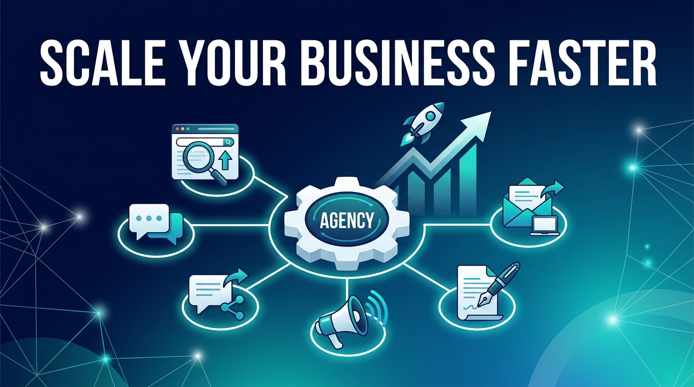 An illustration showing a central gear labeled agency connected to digital marketing icons, with headline text reading scale your business faster.