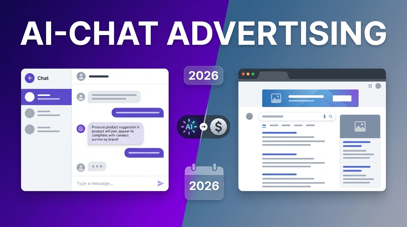 An graphic illustrating AI-chat advertising, showing a chat interface and a web search results page connected by AI monetisation icons.