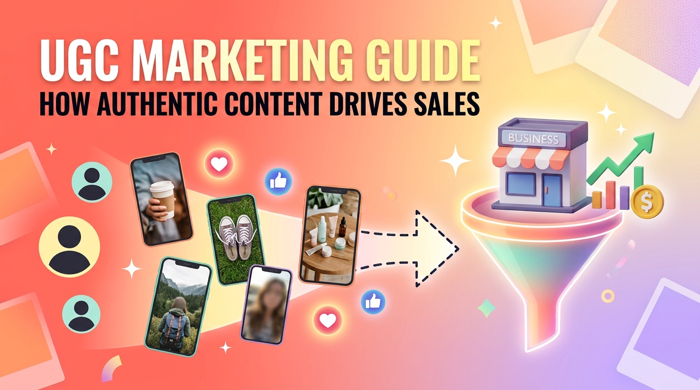 An graphic illustrating a UGC marketing guide, showing user-generated content photos and social icons directing into a sales funnel for business growth.