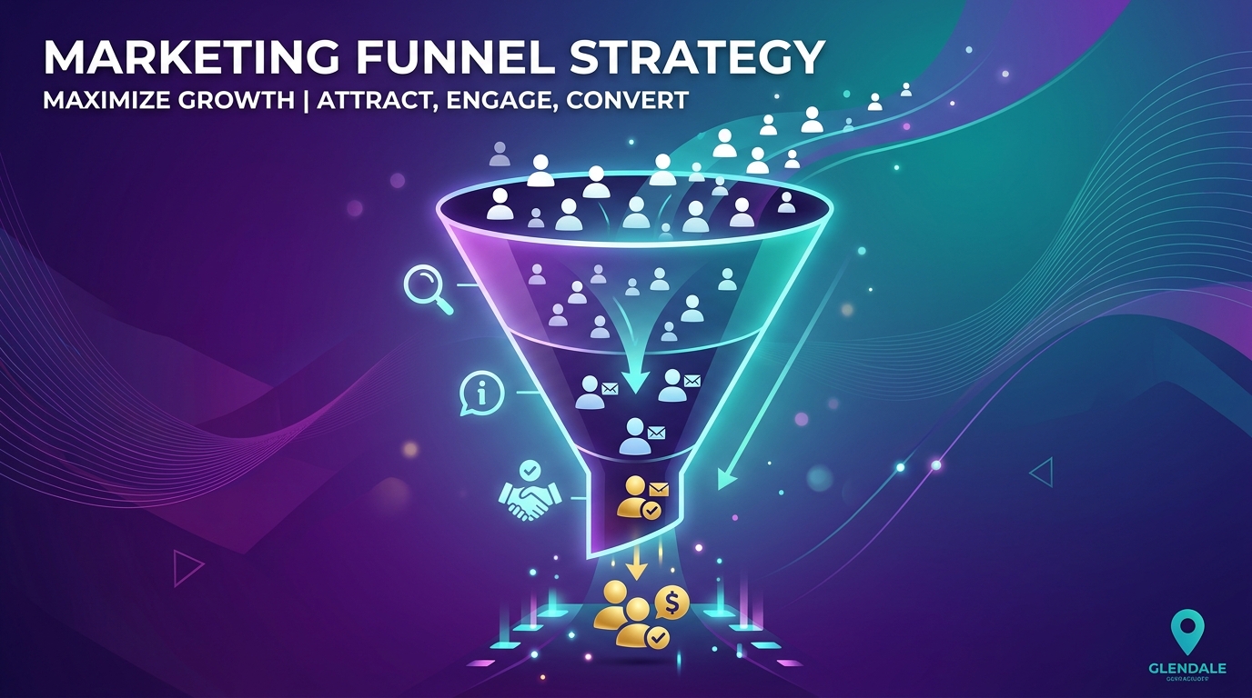 An graphic illustrating a marketing funnel strategy titled "Maximize Growth | Attract, Engage, Convert," showing audience icons flowing through a glowing funnel stages into converted customers.