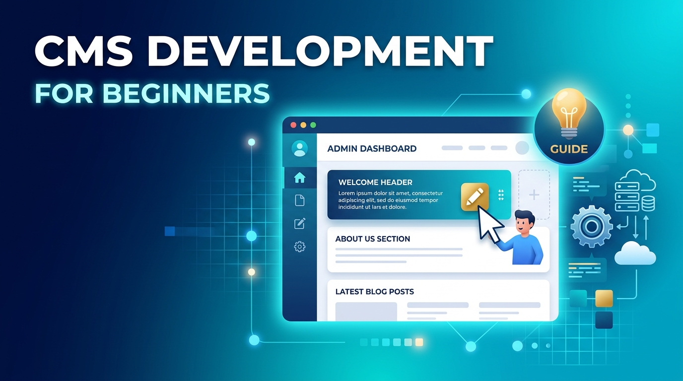 Illustration titled "CMS Development for Beginners" featuring a website admin dashboard interface with editable content sections, a lightbulb guide icon, and cloud and server graphics.