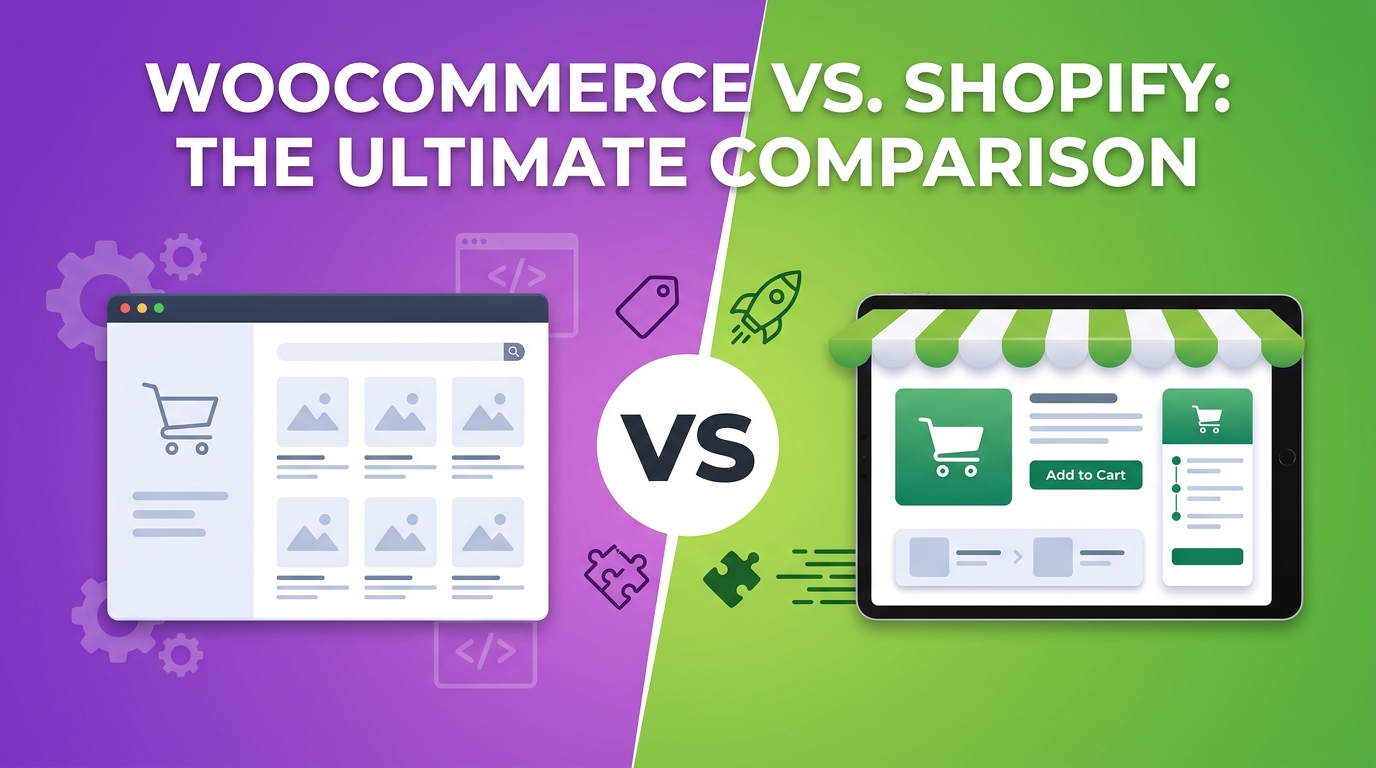 Comparison graphic titled "WooCommerce vs. Shopify: The Ultimate Comparison" featuring a purple split screen representing WooCommerce on the left and a green split screen with a storefront tablet representing Shopify on the right.