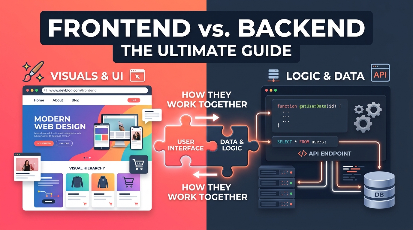 Infographic titled "Frontend vs. Backend: The Ultimate Guide" comparing website visuals and UI on the left side with server logic, data, and API processes on the right side, connected by puzzle pieces showing how user interfaces and data logic work togethe