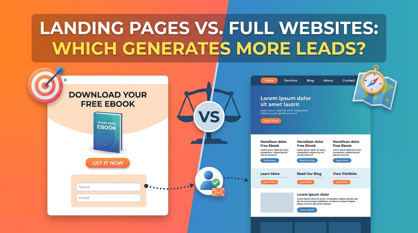 an illustration comparing a lead-generation landing page with a target icon on the left against a multi-page website layout on the right, separated by a vs scale, titled landing pages vs. full websites: which generates more leads?