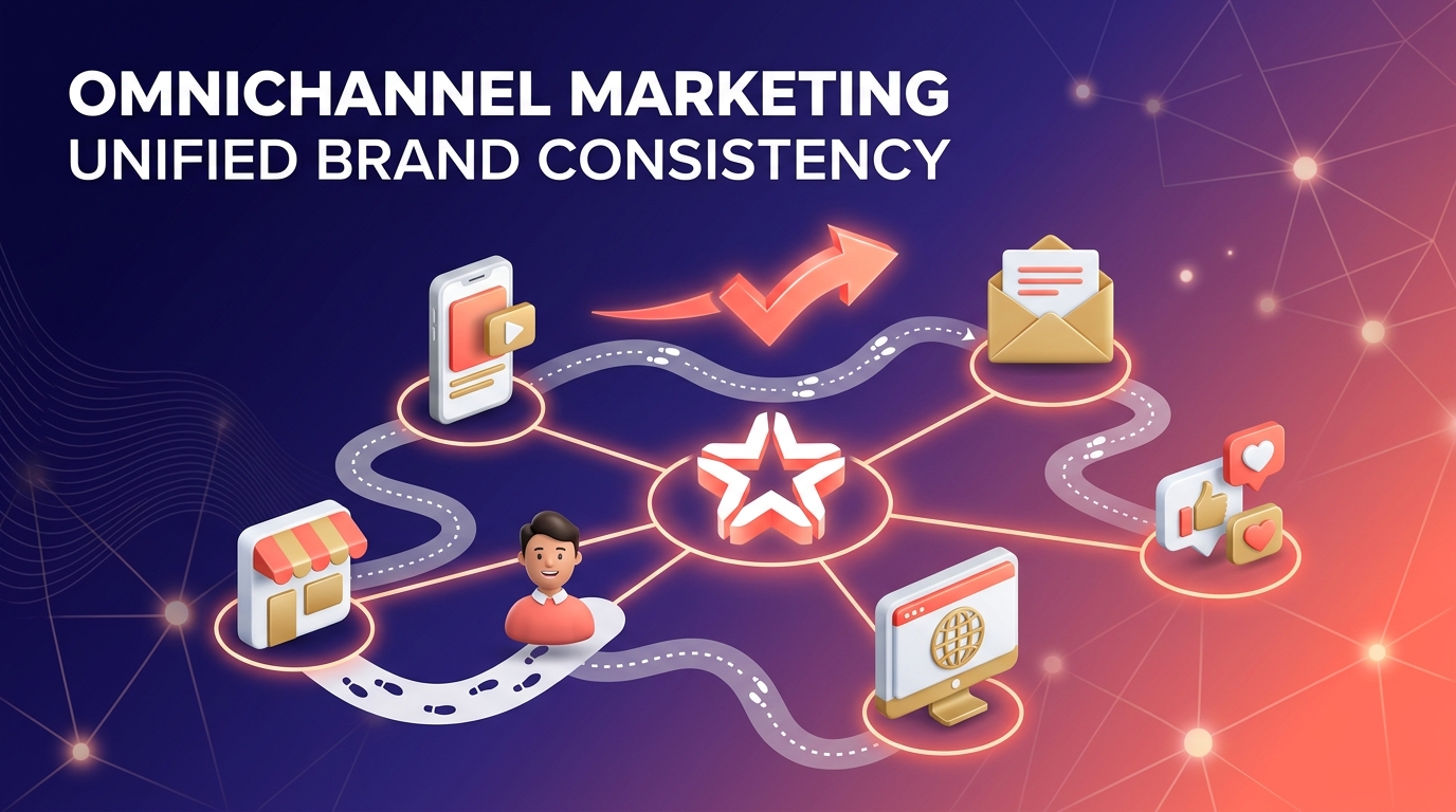 An illustration depicting "Omnichannel Marketing: Unified Brand Consistency." A central star icon connects to various touchpoints, including a physical storefront, a smartphone playing video content, an avatar of a customer, a website display, a email enve