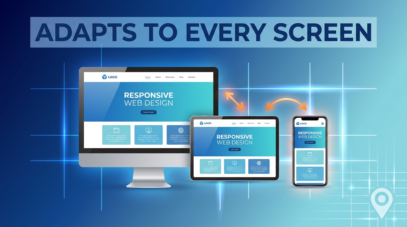 Illustration featuring the text "ADAPTS TO EVERY SCREEN" alongside a desktop monitor, tablet, and smartphone displaying a responsive website layout across all device sizes.