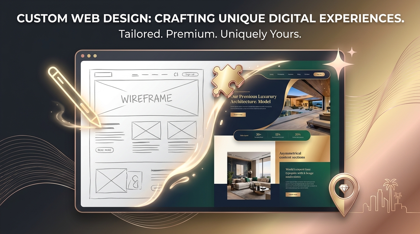 A laptop screen displaying a web design transformation, transitioning from a basic wireframe sketch on the left to a polished, premium custom website layout on the right.