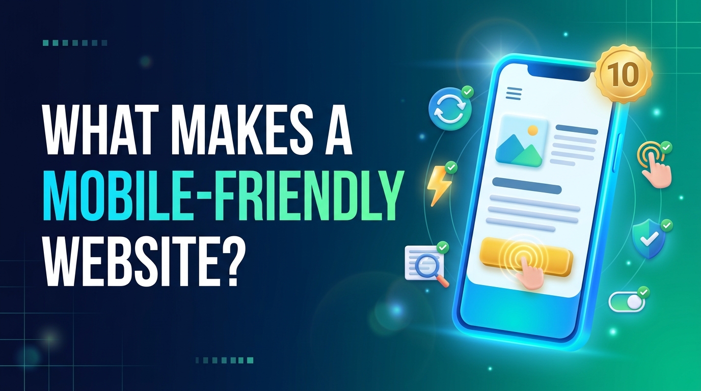 A smartphone displaying a responsive web page design next to the text "What Makes A Mobile-Friendly Website?" with a gold badge reading 10.