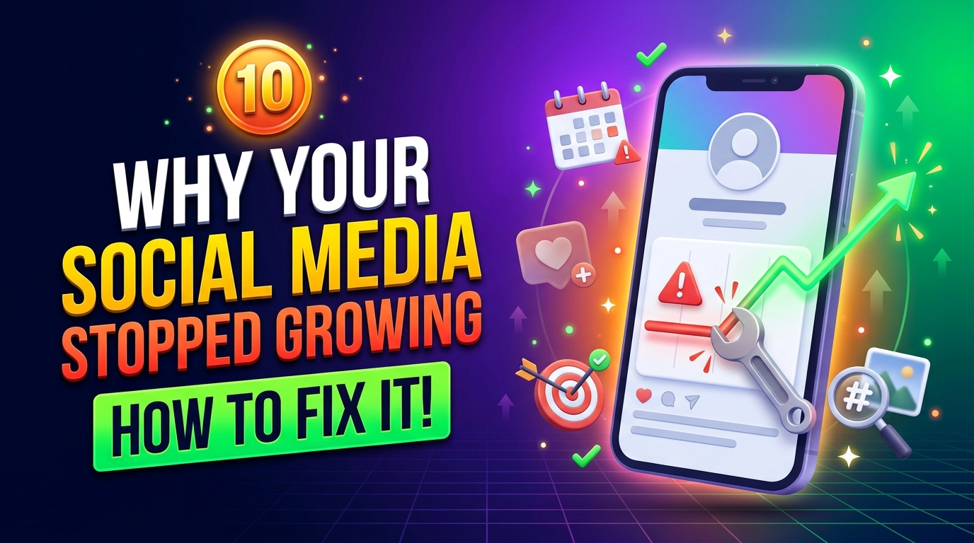 A smartphone displaying a social media profile being repaired next to the text "10 Why Your Social Media Stopped Growing: How To Fix It!"