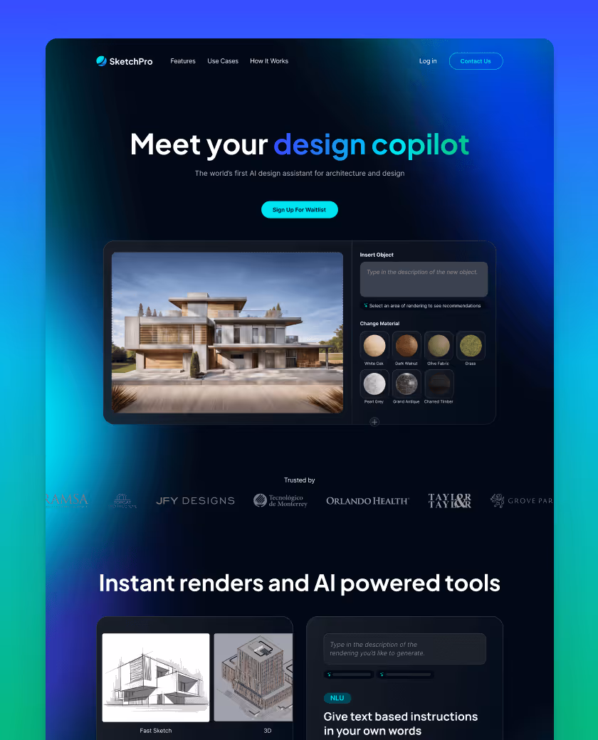 Website homepage for SketchPro featuring a modern house rendering, AI design assistant interface, and text promoting instant renders and AI-powered design tools.