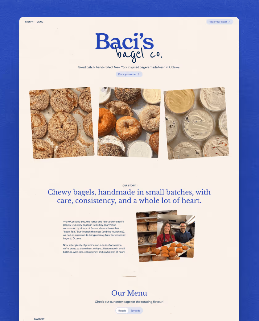 Baci's Bagel Co website homepage showing bagels, cream cheese spreads, and a photo of two bakers with fresh bagels, emphasizing handmade New York-style bagels from Ottawa.