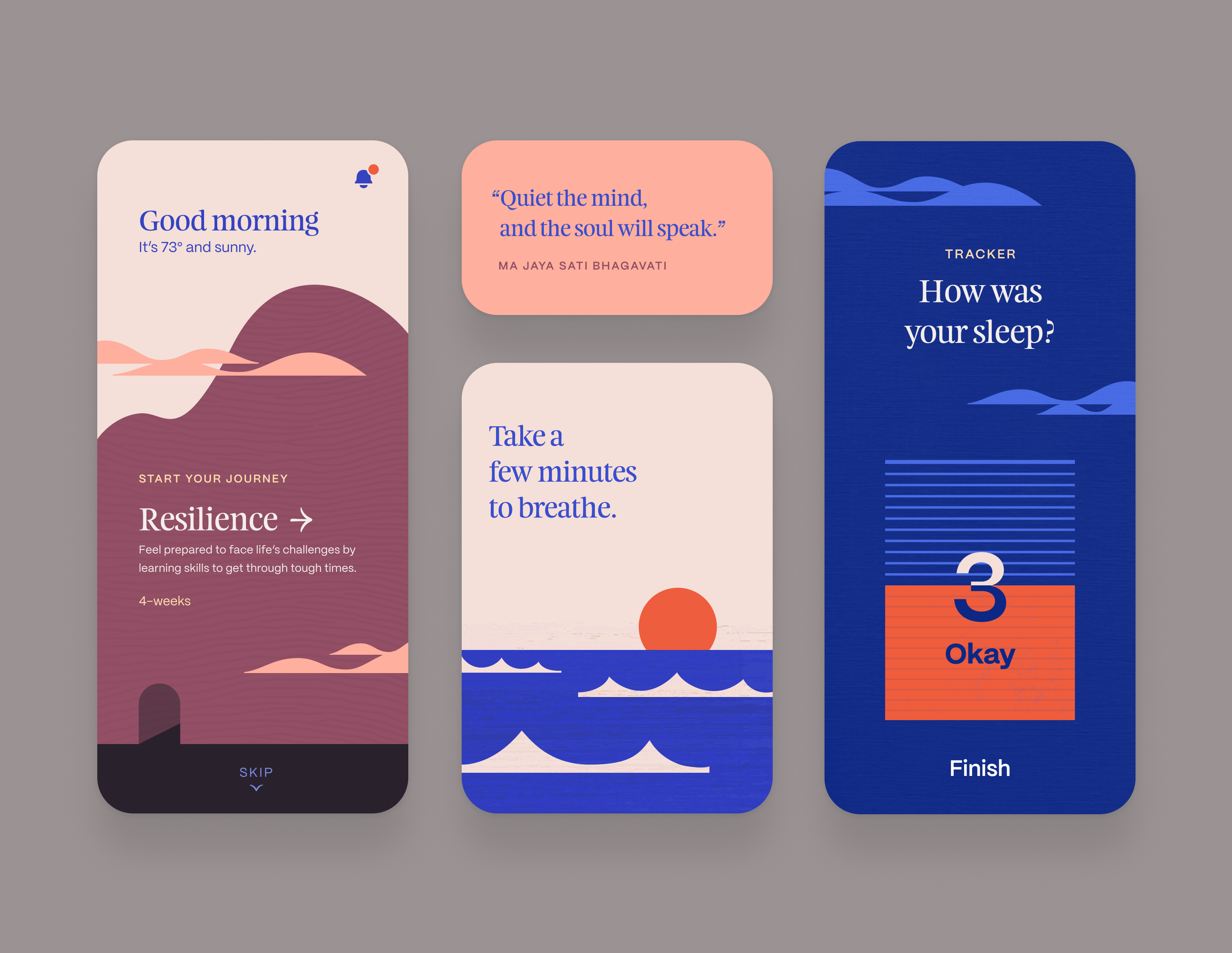A conceptual mockup of a mental wellness app. The design is inspired by Japanese woodblock printing.