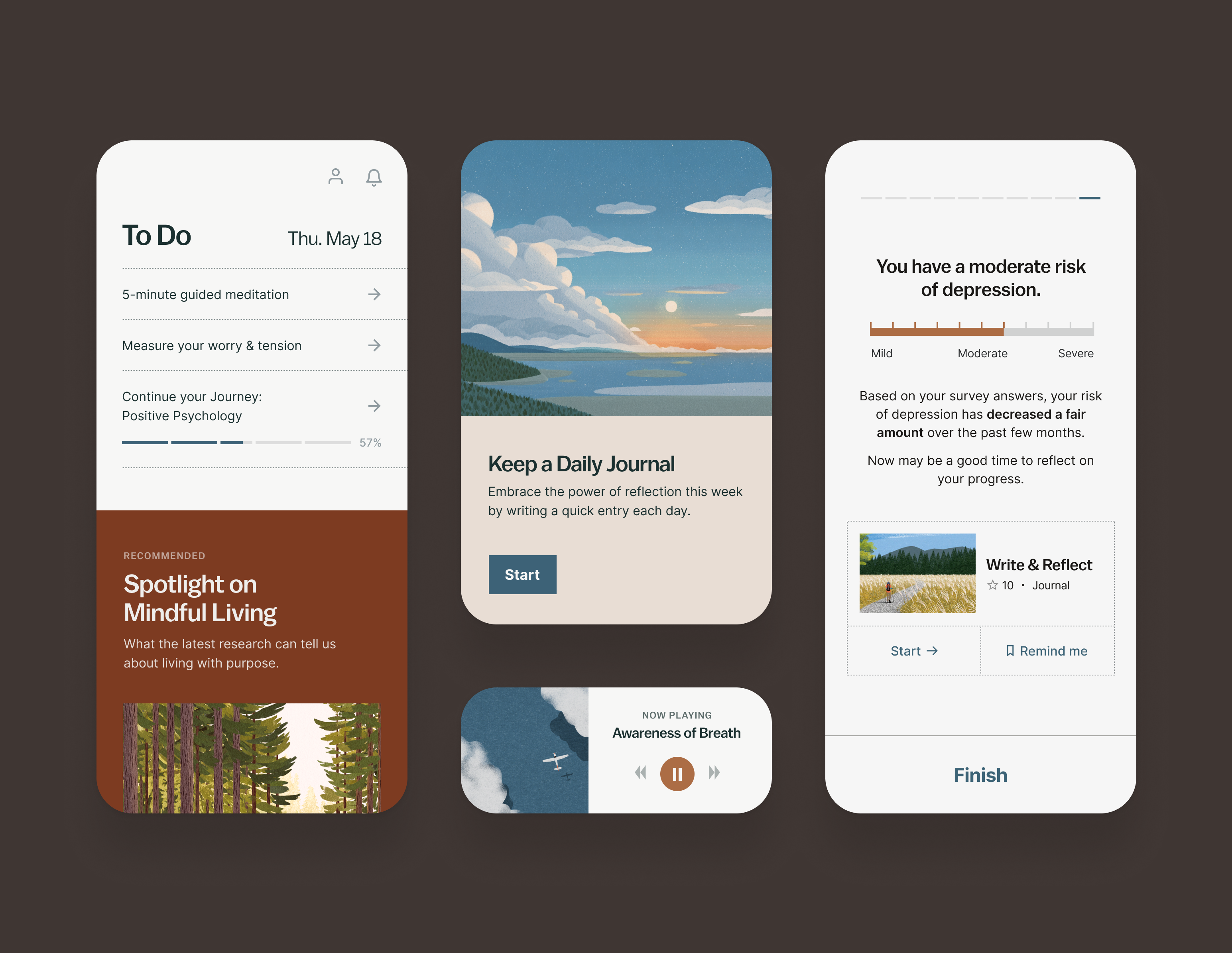 A conceptual mockup of a mental wellness app. The design is crisp and uses landscape imagery.