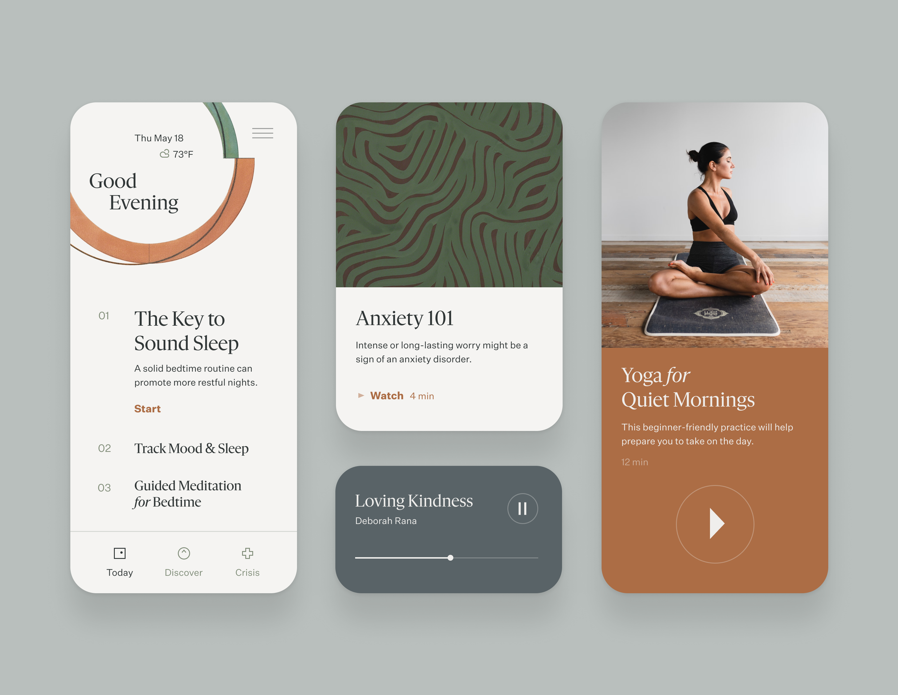 A conceptual mockup of a mental wellness app. The design uses warm, earthy colors.