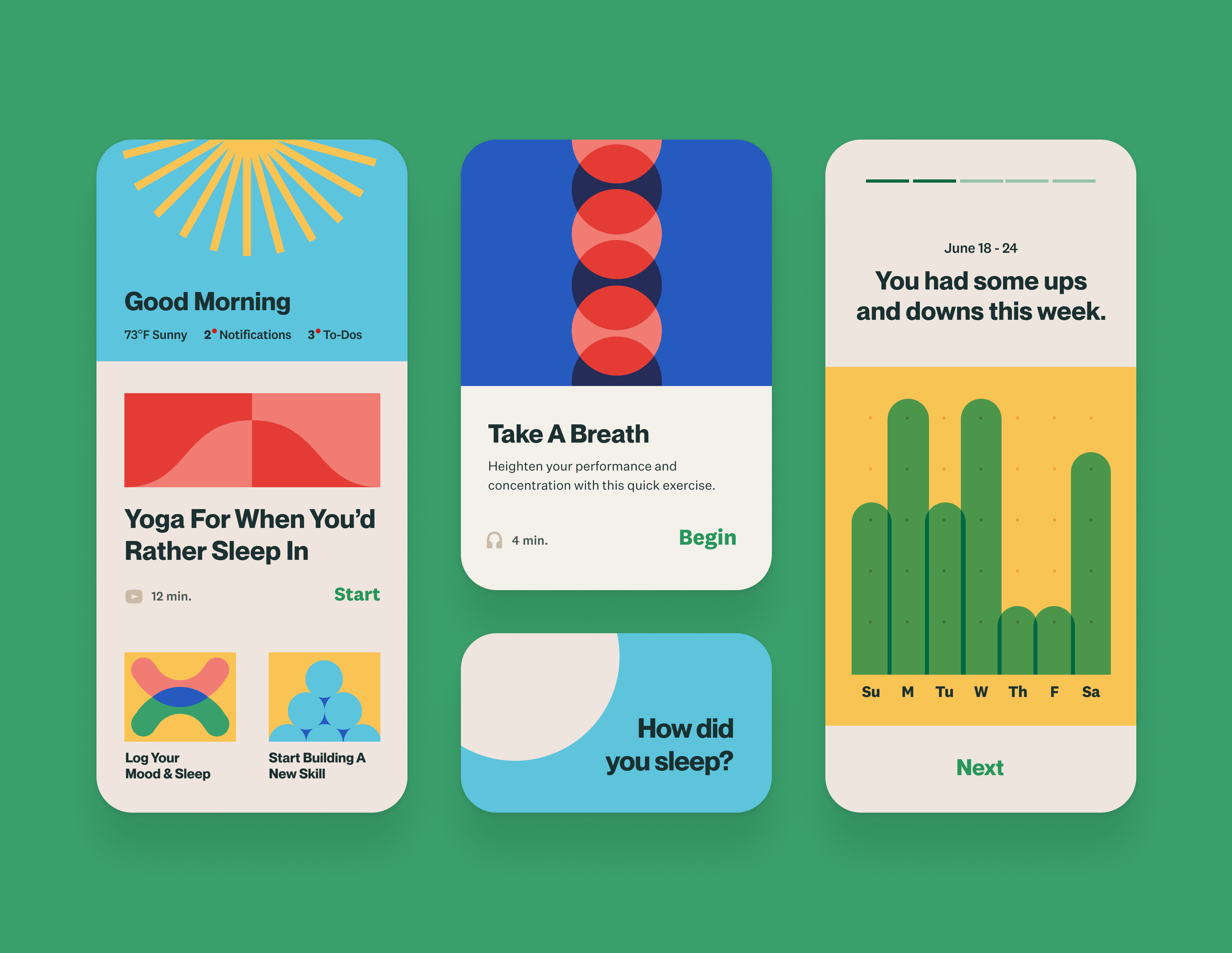 A conceptual mockup of a mental wellness app. The design uses bright colors and bold, geometric shapes.