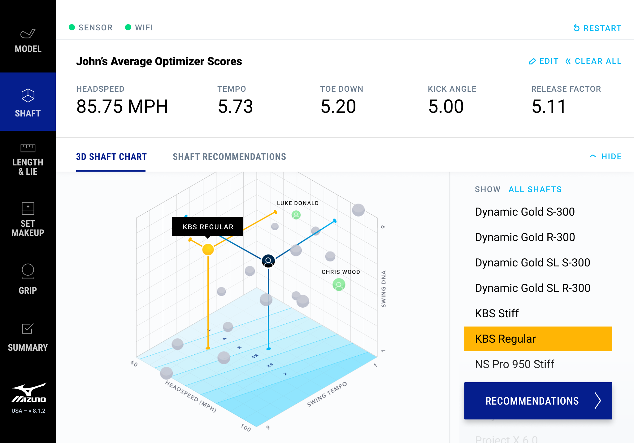 A design mockup of a golf for creating a custom-fitted set of golf clubs.