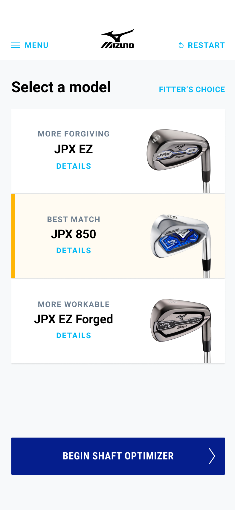 A design mockup of a golf for creating a custom-fitted set of golf clubs.