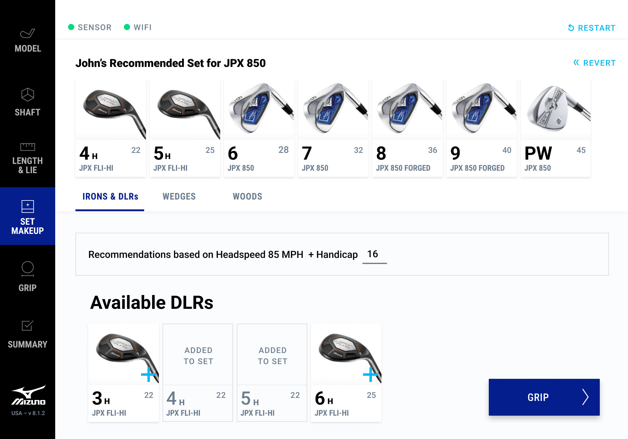 A design mockup of a golf for creating a custom-fitted set of golf clubs.