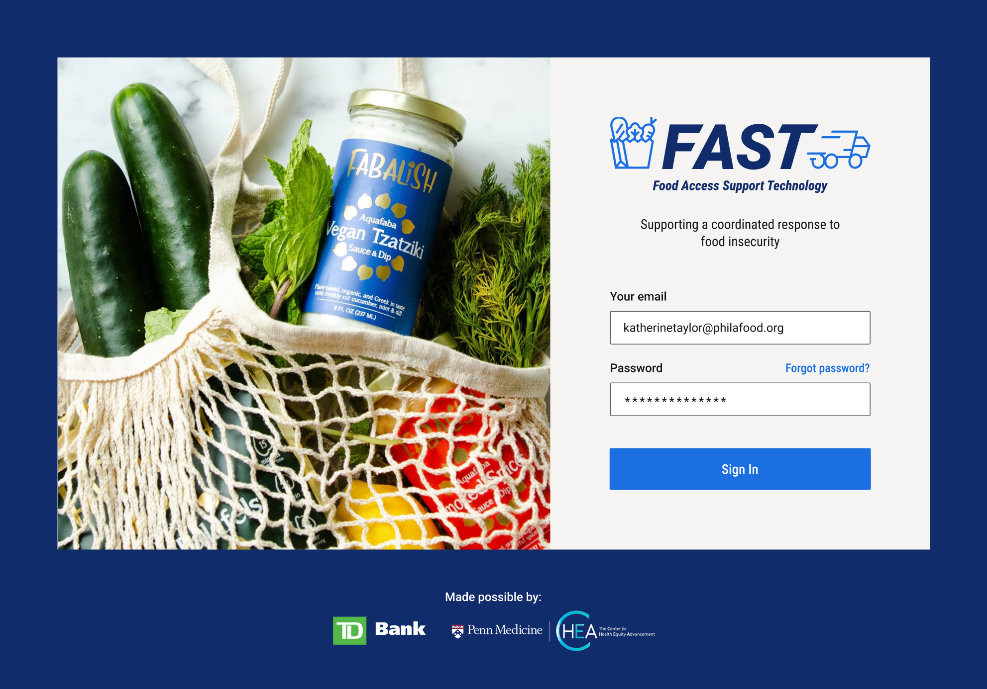 A web app design showing a login page to the FAST app.