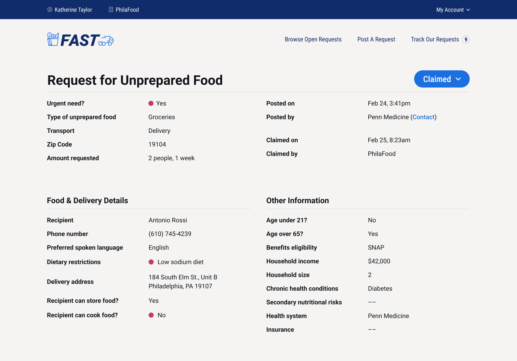 A design for a web app that shows a request for unprepared food.