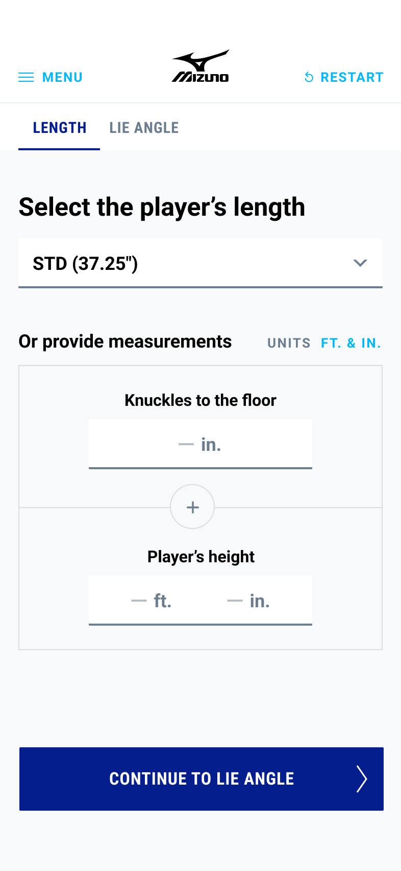 A design mockup of a golf for creating a custom-fitted set of golf clubs.