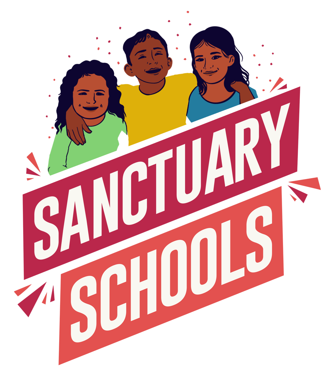 A logo that says "Sanctuary Schools" and depicts three Latine children. 