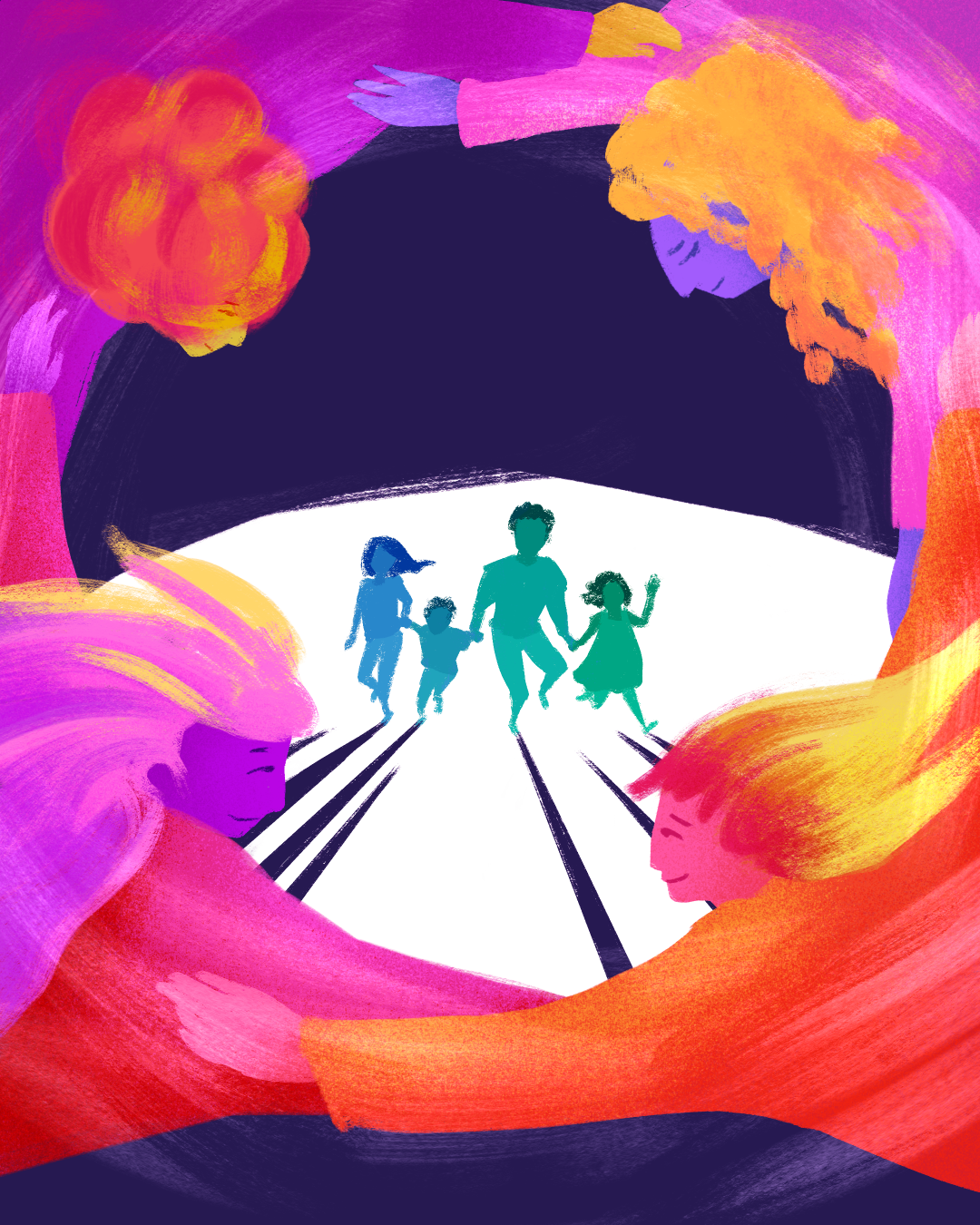 In the center, a family runs forward holding hands. Around the outside of the image, four figures hold their arms out in greeting.