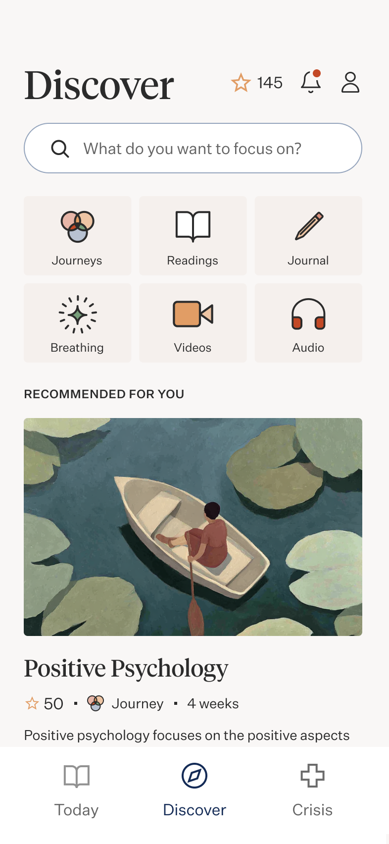 A mobile app design for a collection of content for managing your wellbeing across several categories including Journals, Audio Guides, and Videos. The design uses warm colors and surreal, dreamlike images.
