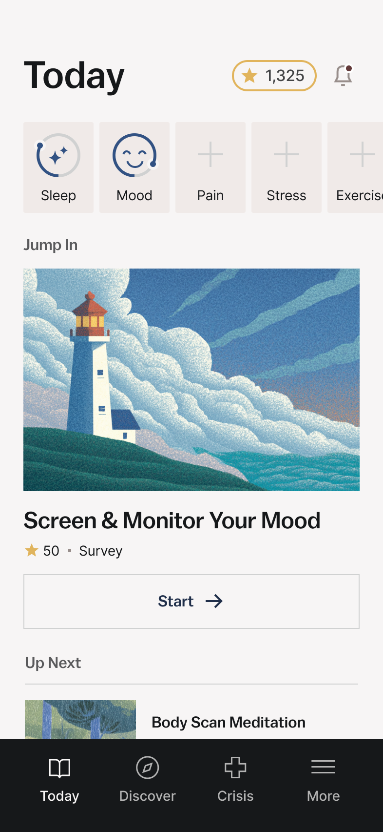 A mobile app design for an app to manage your mental wellbeing.