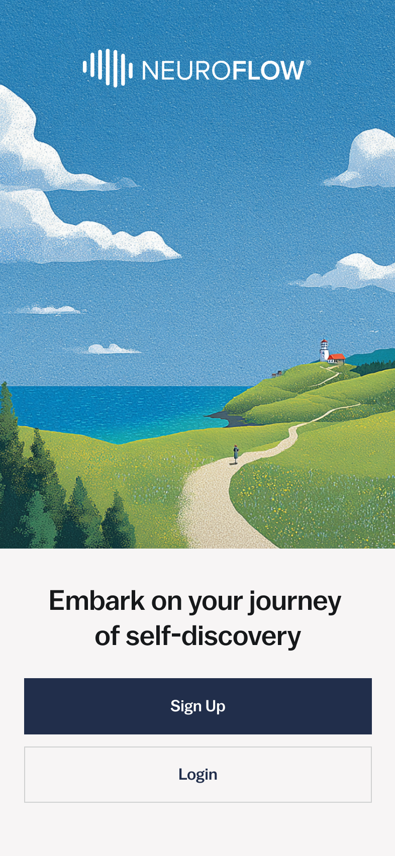 A mobile app design for a login screen. The design is crisp and shows a sweeping green landscape below blue skies.