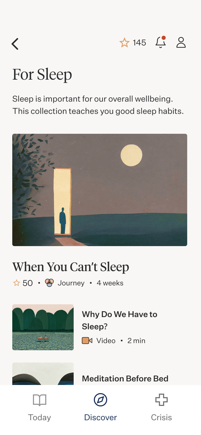 A mobile app design for a collection of content about getting better sleep. The design uses warm colors and surreal, dreamlike images.