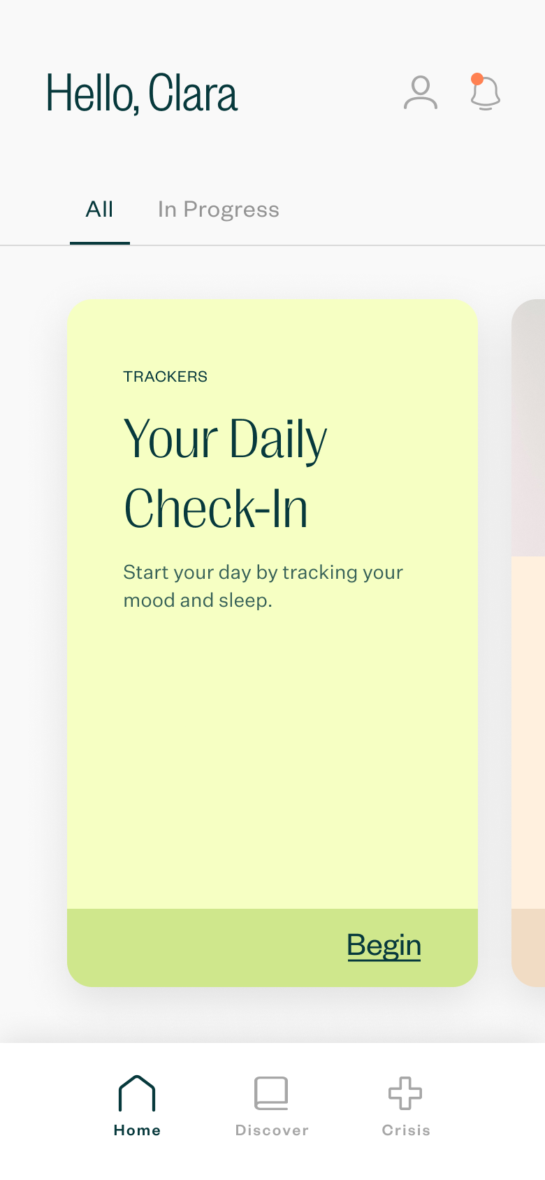 A mobile app design for managing your mental wellbeing. The design is clean and calming.