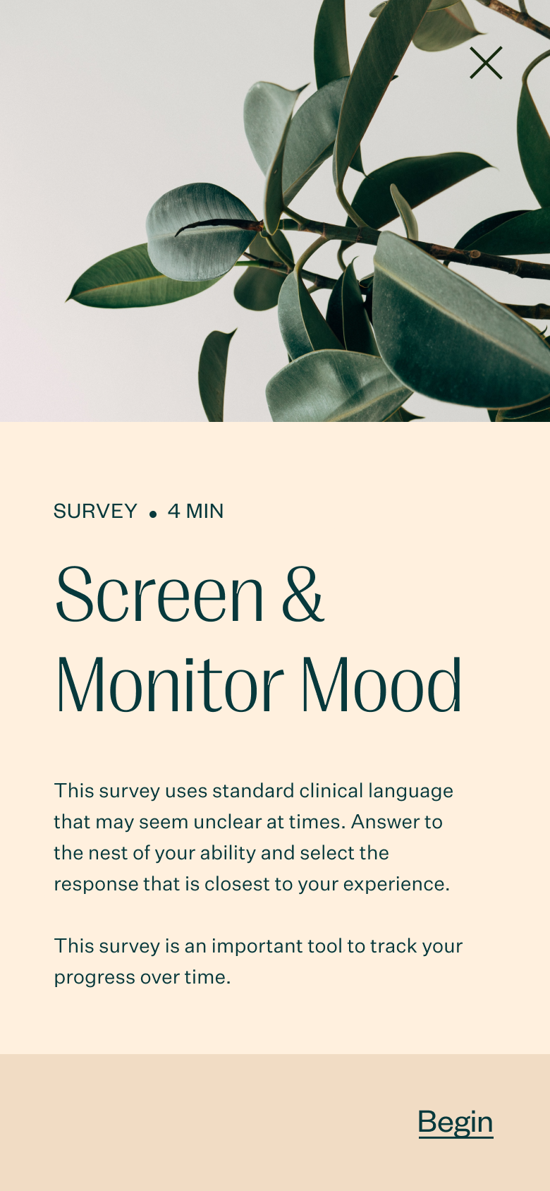A mobile app design for taking clinical assessments. The design is clean and calming.
