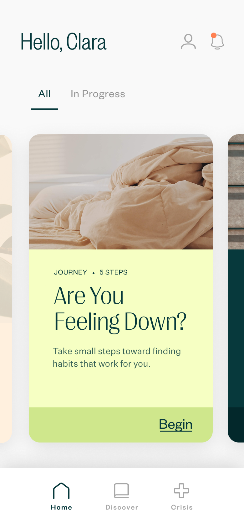 A mobile app design for an app to manage your mental wellbeing. The design is clean and calming.