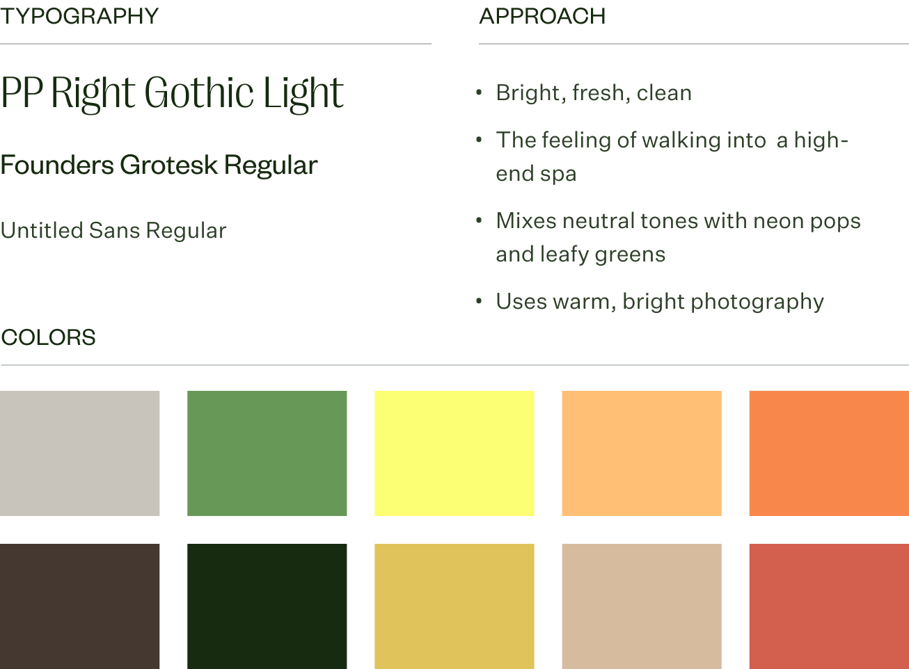 A typography sample, a color palette with fresh greens and oranges, and notes on the inspiration for the design of a wellness app.