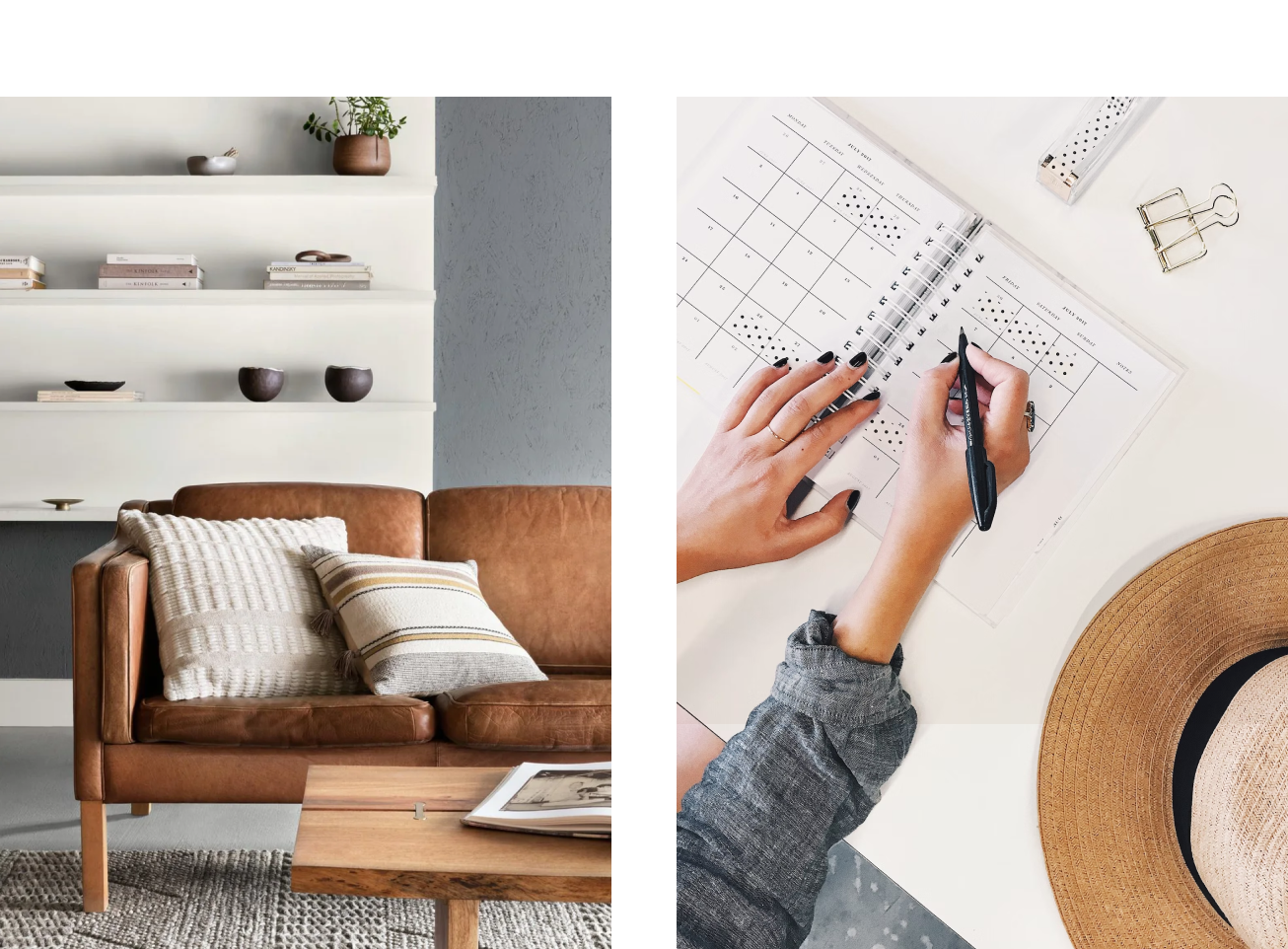 Reference images for a UI design featuring airy, neutral-toned spaces.
