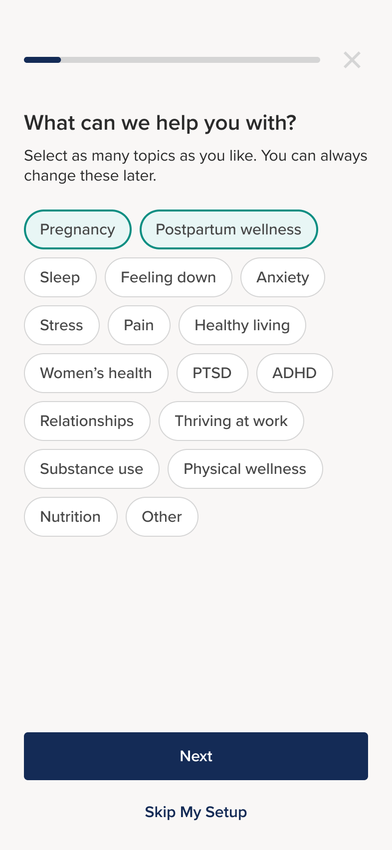 A design mockup showing a mobile app screen where you choose your interests.