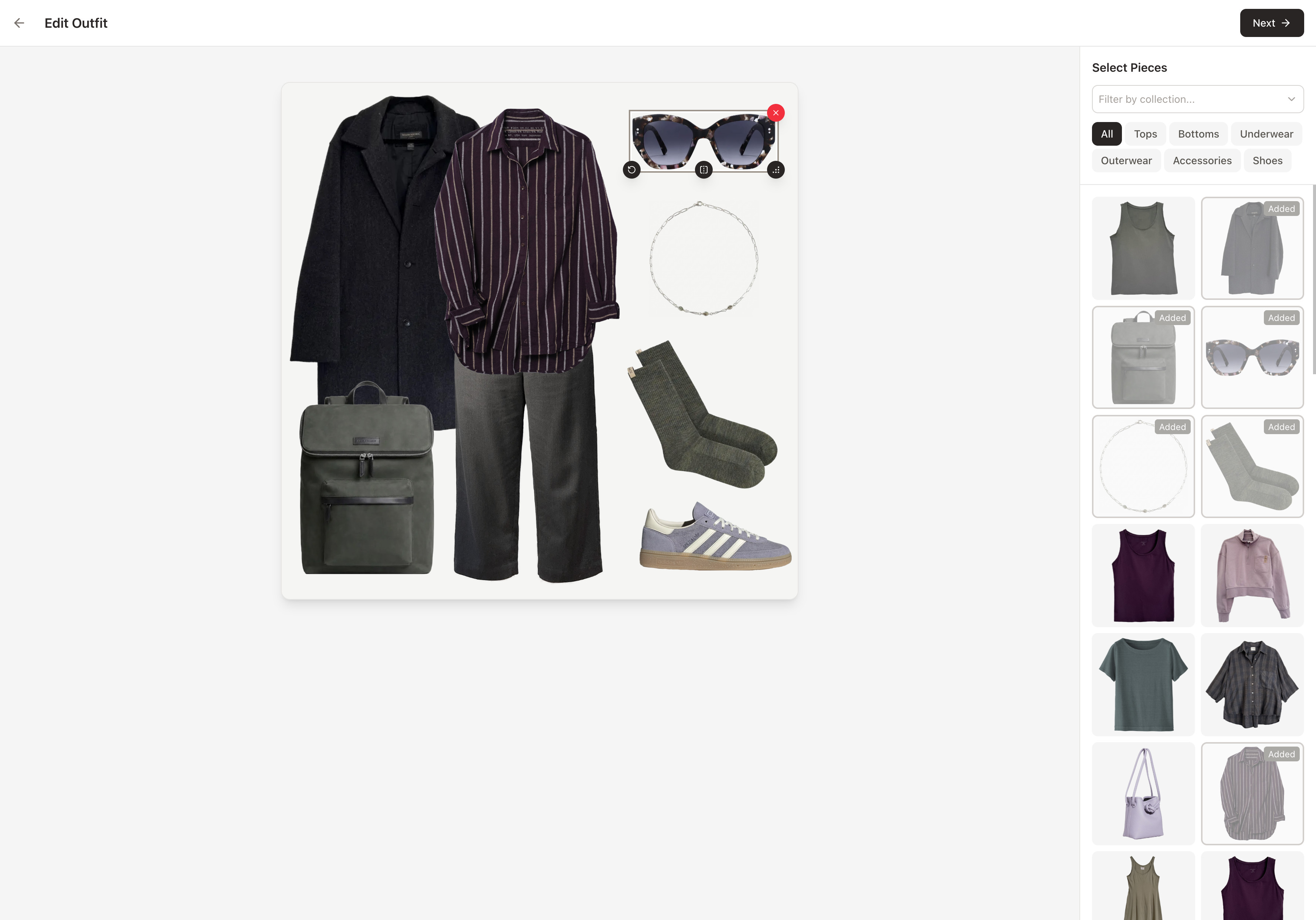 An outfit-builder with a drag-and-drop interface.