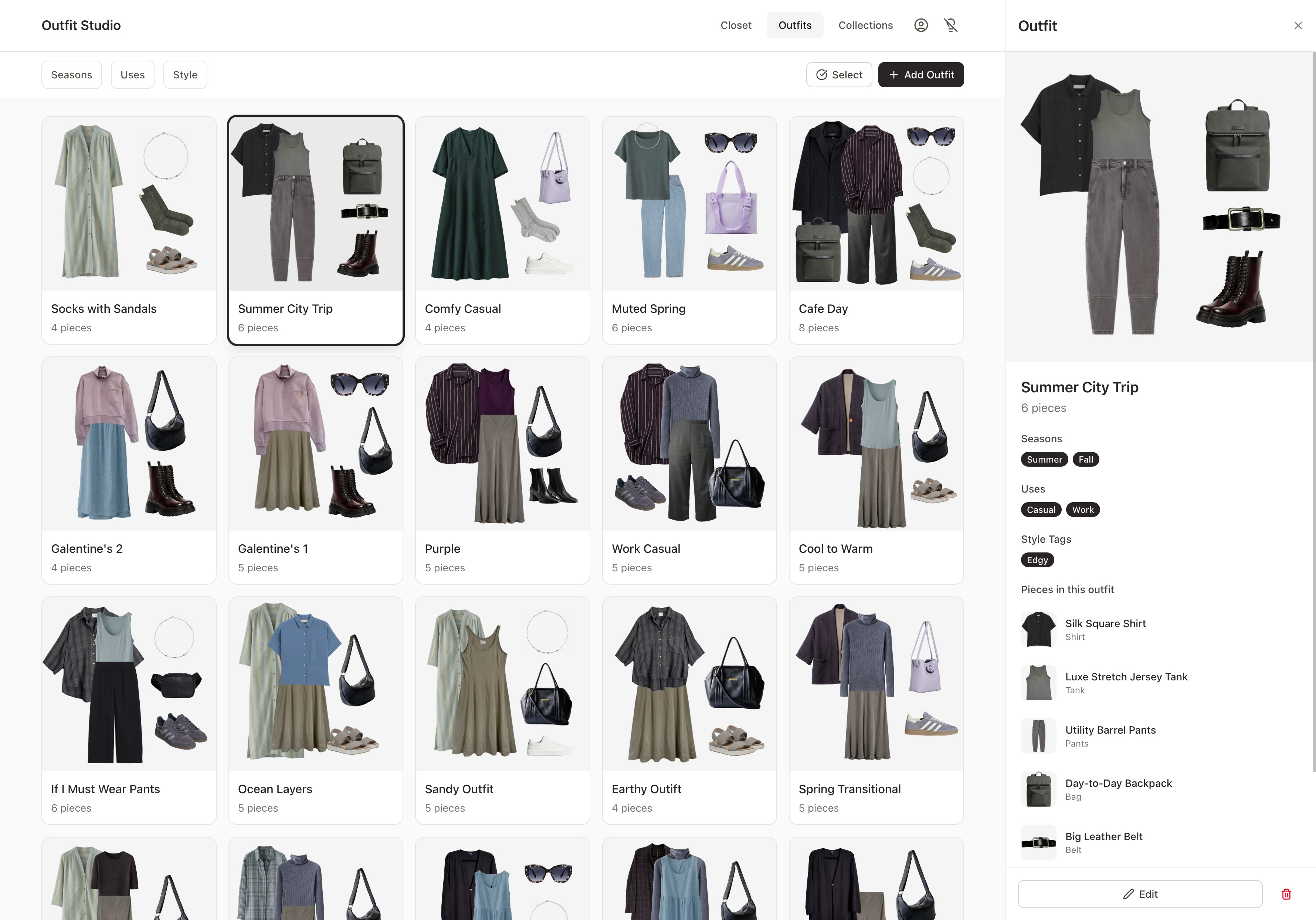 A grid of outfits. One outfit is selected, showing further details.