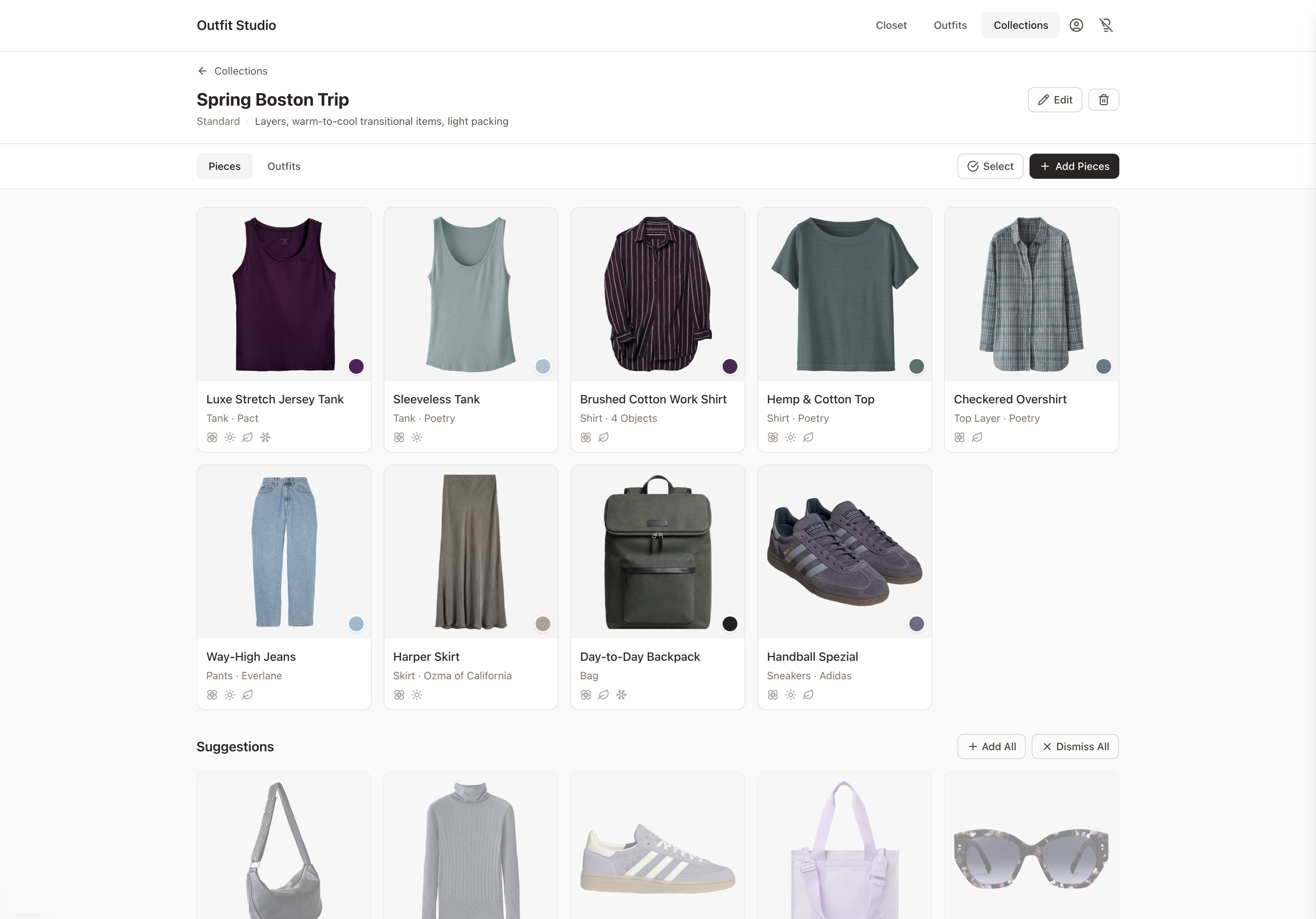 A collection of clothing pieces. Suggestions are shown below with additional clothing pieces.