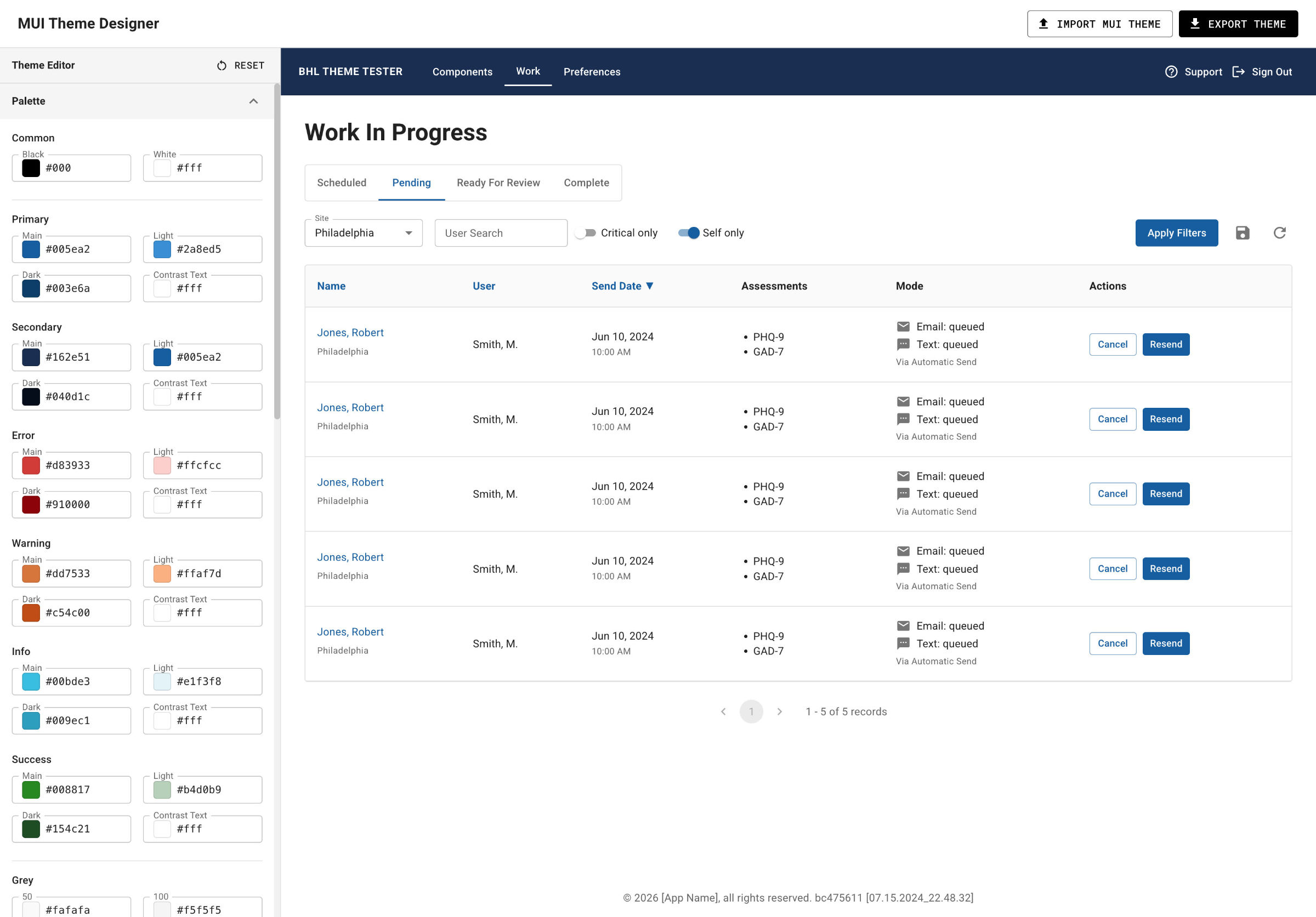 A web app with a palette editor open on the left and a screen mockup on the right.