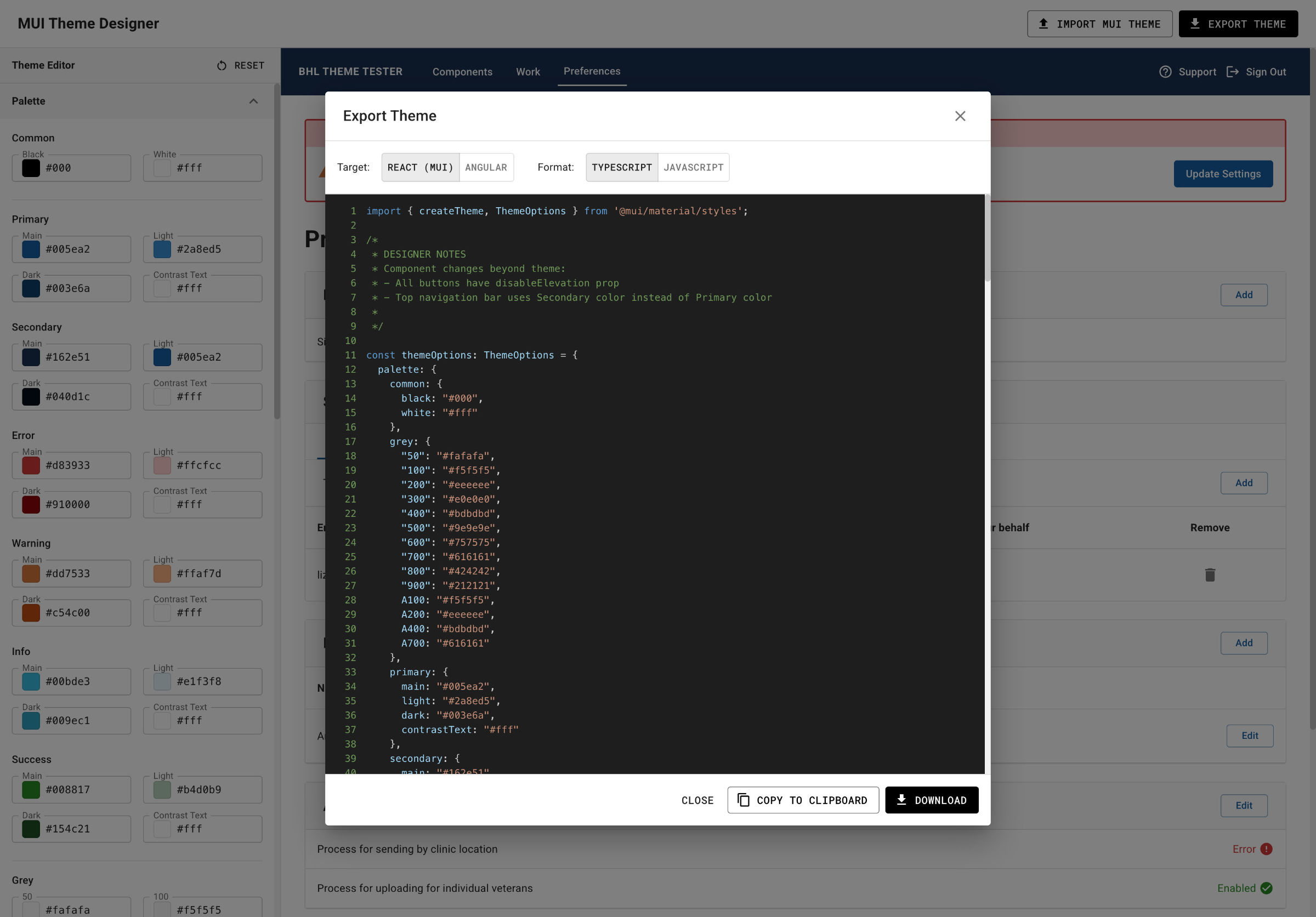 A web app with a model open showing export options and a preview.